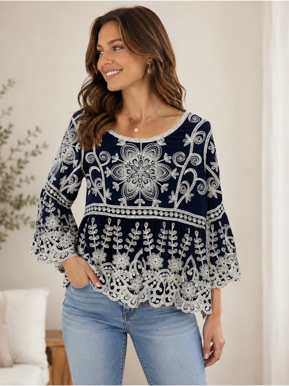 Navy and white Embroidered Peasant boho babydoll shirt with flair sleeves